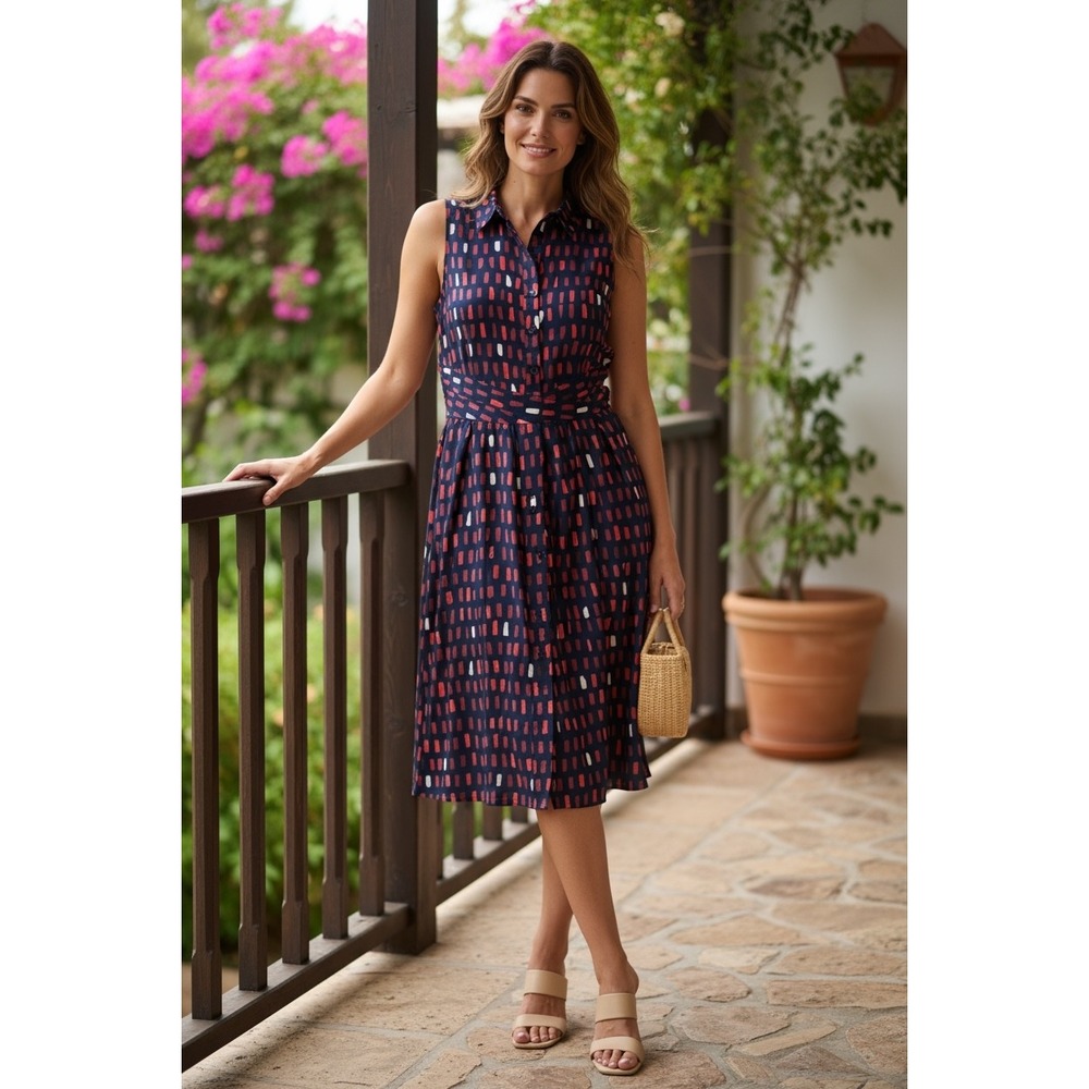NWT Tylho Navy Marin Dress Medium Sleeveless Button Front Brushstroke Print Midi